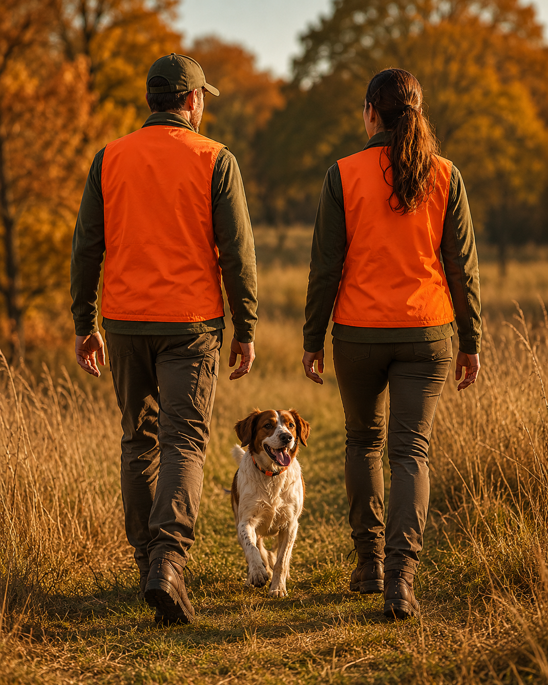 Un homme et une femme en tenue de chasse accompagnés d'un chien